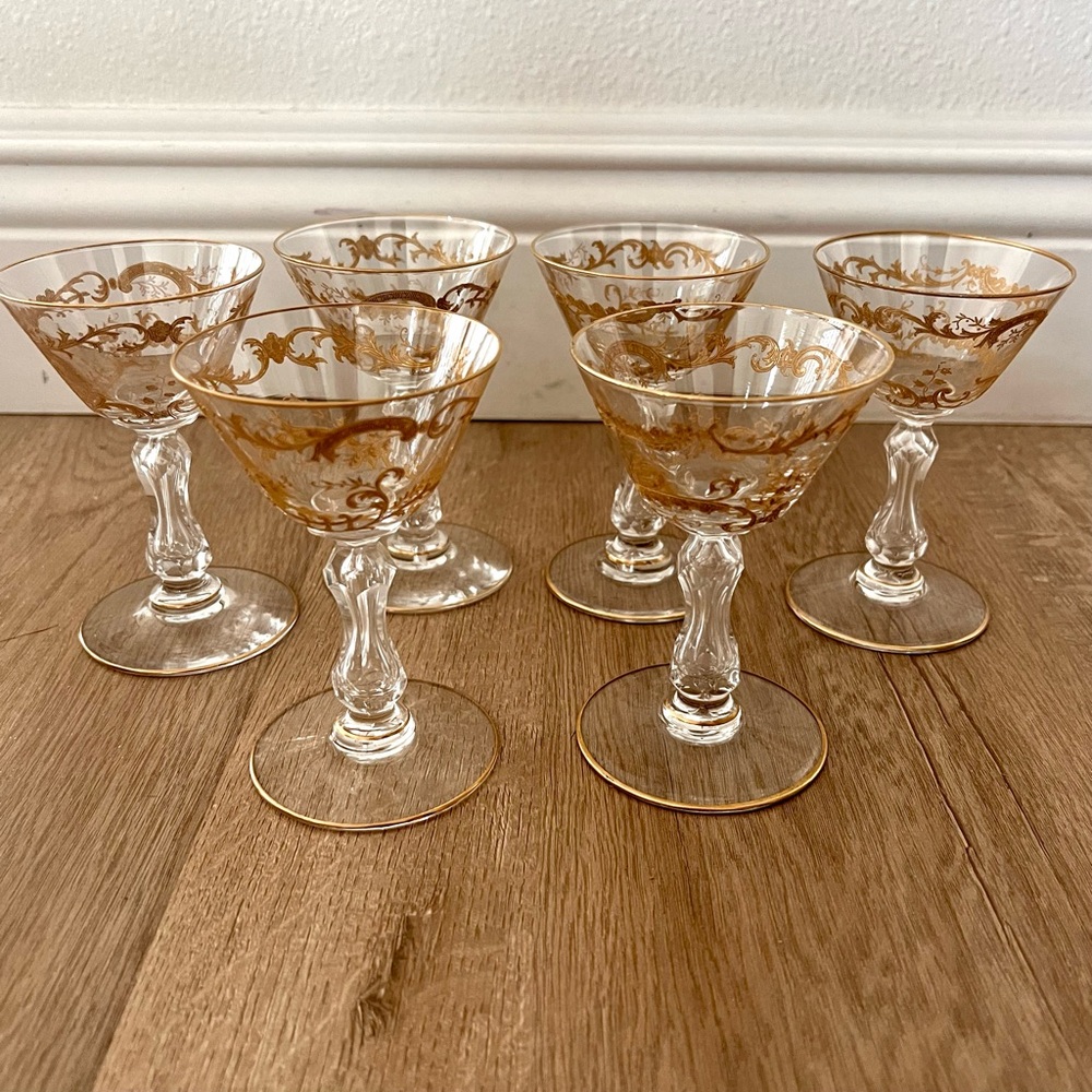 6 PCs Antique Saint Louis Micado Crystal Champagne Wine Glasses Gold‎ Encrusted